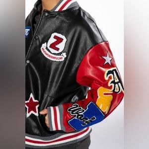 BASE PATCHWORK FAUX LEATHER LETTERMAN VARSITY BOMBER